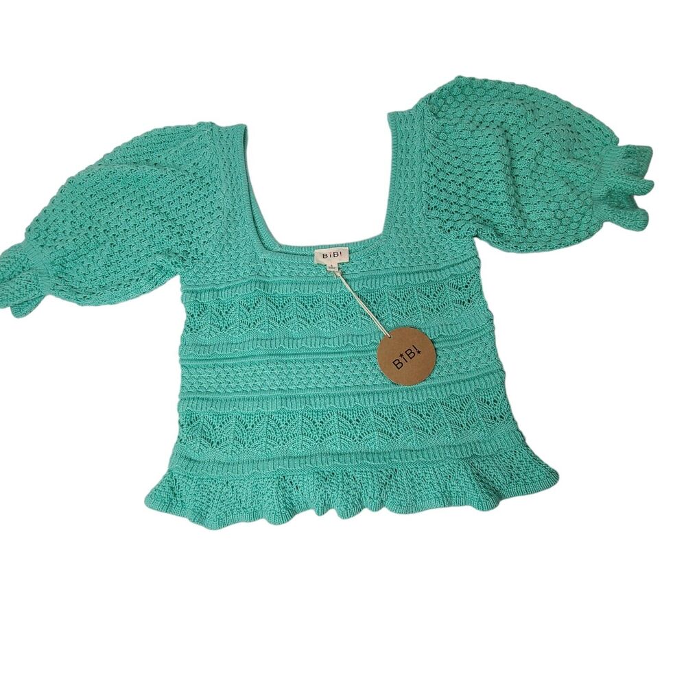 NWT Urban Outfitters Bibi Crochet Sweater Cropped Puff‎ Sleeves SZ Small Green